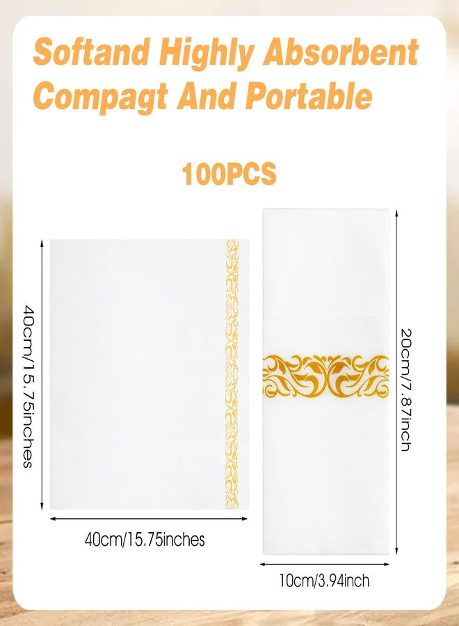Lemecima 100 Pack White and Gold Napkins Disposable Linen Feel Dinner Napkins with Built-in Flatware Pocket Gold Trim Lined Pre Folded Napkins Cloth for Wedding Dinner Party Events - Image 2